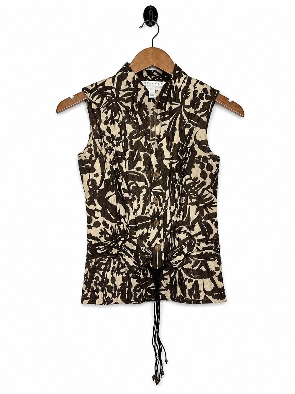 Spanner Women’s Size 4 Brown Cream Floral Sleeveless Tie Waist Blouse
